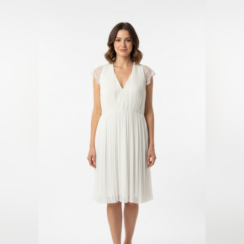 Catherine Deane Elegant Cream  Lace Sleeve Dress, Size 14.
